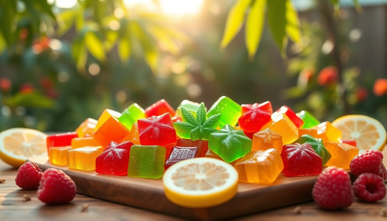 Sample a variety of Weed Gummies artfully arranged on a wooden platter surrounded by fruits.
