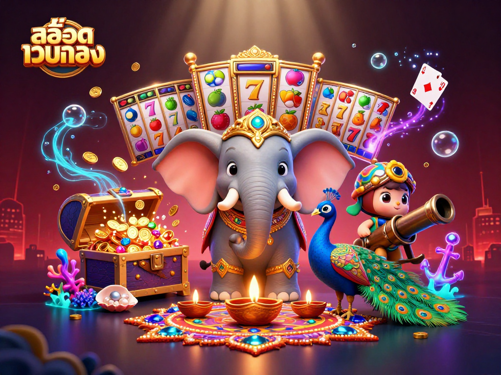 Play slot games with สล็อตเว็บตรง featuring an elephant and peacock amidst dazzling decorations.