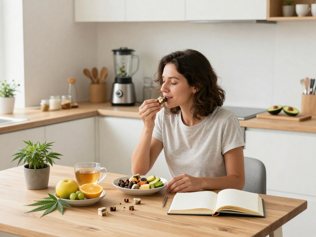 Edibles infused with CBD on a rustic kitchen table alongside fresh fruits and hemp leaves, showcasing natural wellness.
