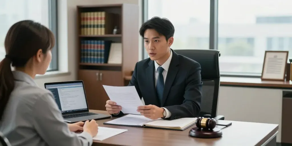 DUI lawyer Cherokee County GA discussing case details with a client in a modern office.