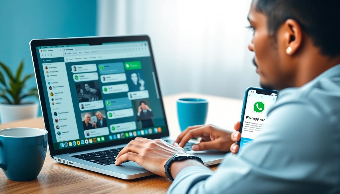 用户使用 WhatsApp Web 界面，展示消息发送、语音通话和位置共享等功能，强调快连官网的特性。