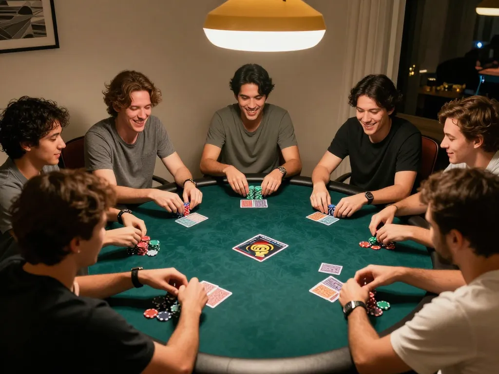Engaged players enjoying judi slot gameplay during a lively home poker night.