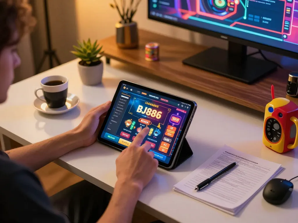 Player engaging with BJ886 casino app on tablet, enjoying online gaming in a cozy home setting