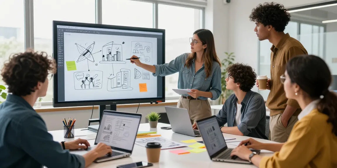 Team brainstorming on a mixboard in a dynamic office, showcasing creative collaboration