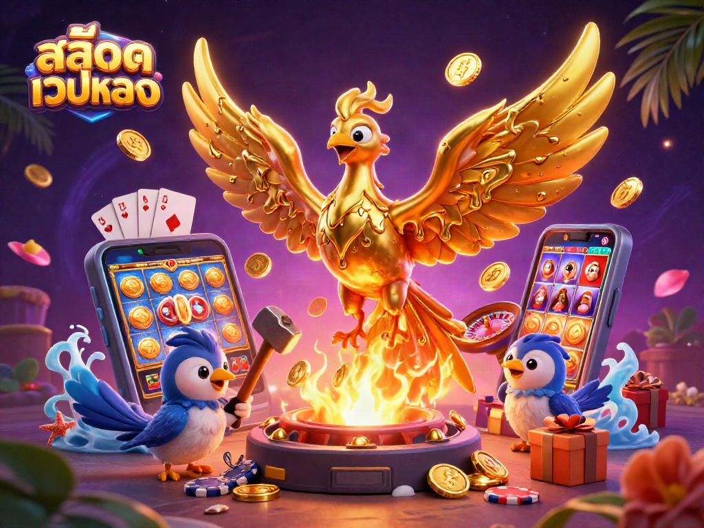 Engage with สล็อตเว็บตรง featuring a golden phoenix and dynamic slot game elements in vibrant 3D illustration.