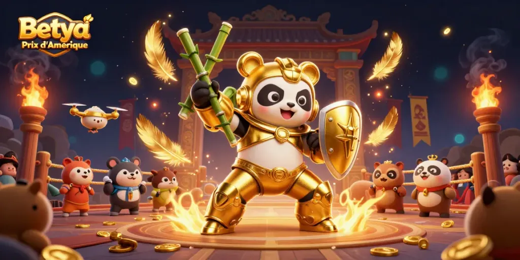 Betya Prix d'Amérique showcases a vibrant 3D scene with a mech-suit golden panda in an exciting racing arena.