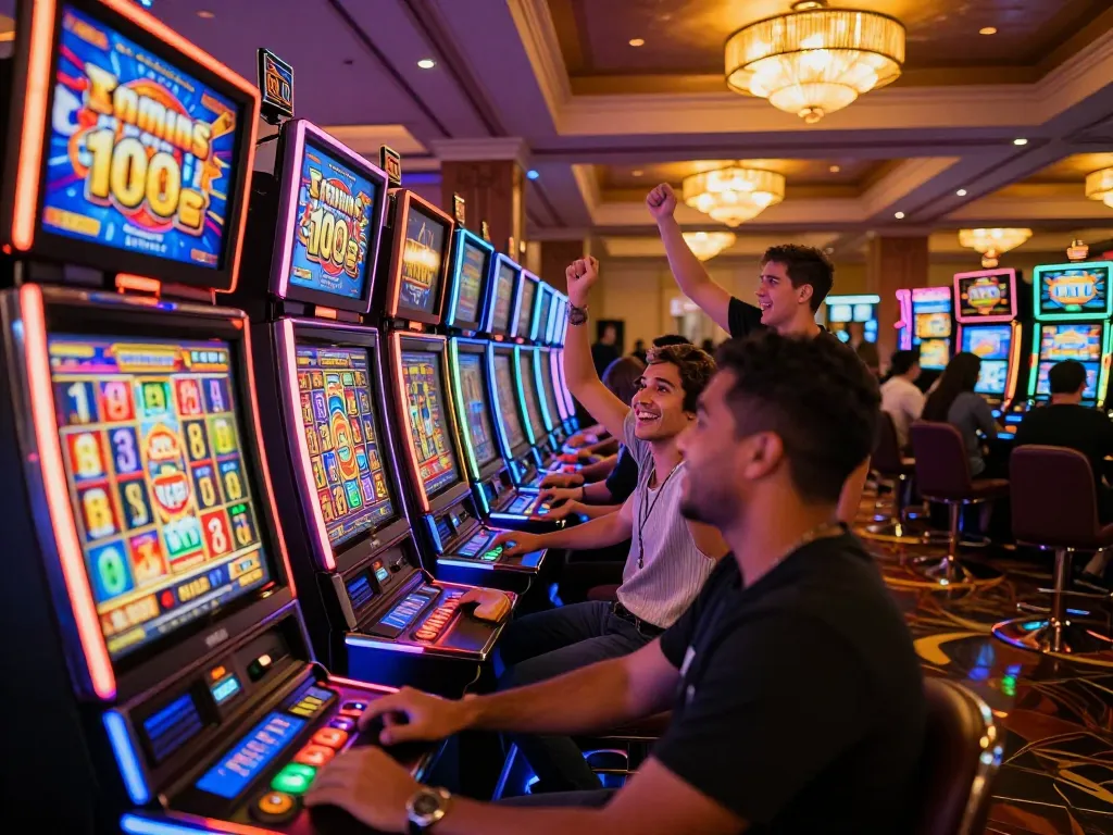Players celebrating wins on colorful slot machines in a casino while exploring the slot bonus 100.