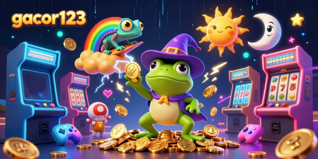 Experience the magic of gacor123 with a captivating storm of golden coins and vibrant gaming elements.