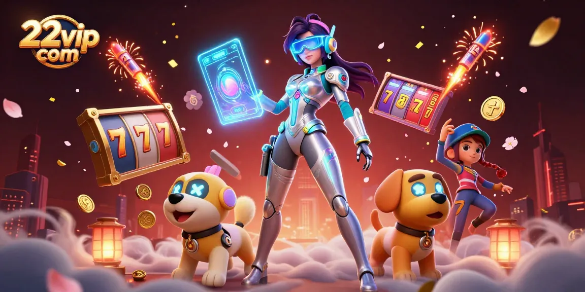Engage with 22vip com through an energetic scene of a futuristic woman and a cartoon robot dog amidst vibrant casino elements.