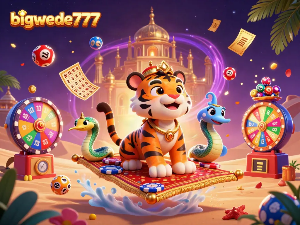 Spin big wins with bigwede777, featuring a cartoon sultan and dynamic casino elements.