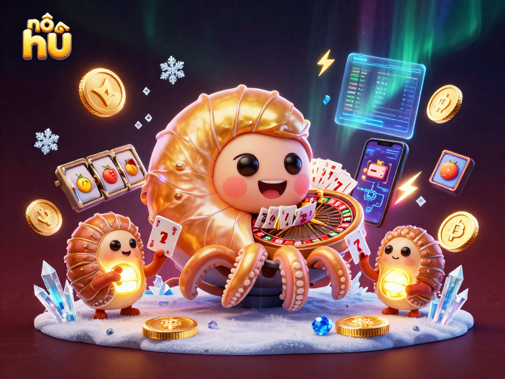 Experience nổ hũ excitement in a vibrant 3D casino scene filled with slots and crypto elements.