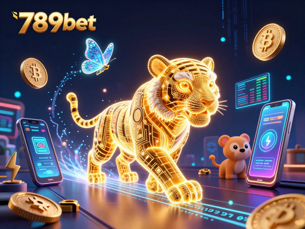 Bet on 789bet with a dazzling golden tiger in a digital casino full of crypto excitement.