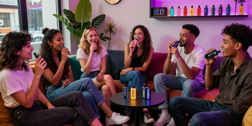 Friends enjoying Hitz Infinity Gen 7 vapes in a stylish urban lounge.