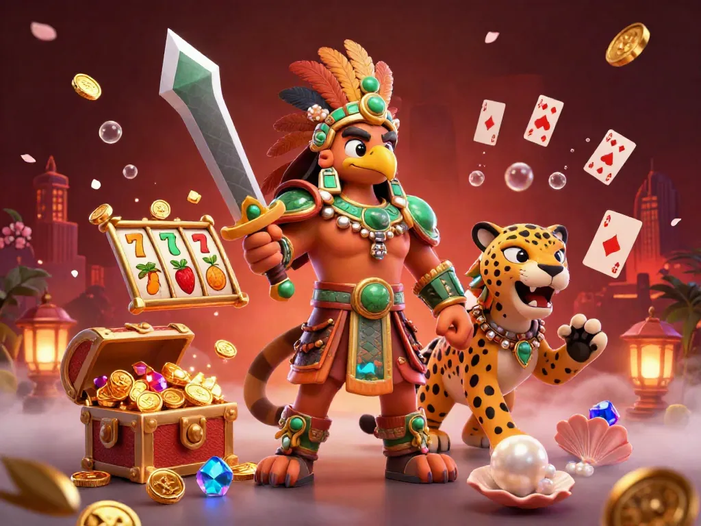 Menggali strategi di situs permainan slot online, dengan karakter petarung ditampilkan dengan efek visual menarik.