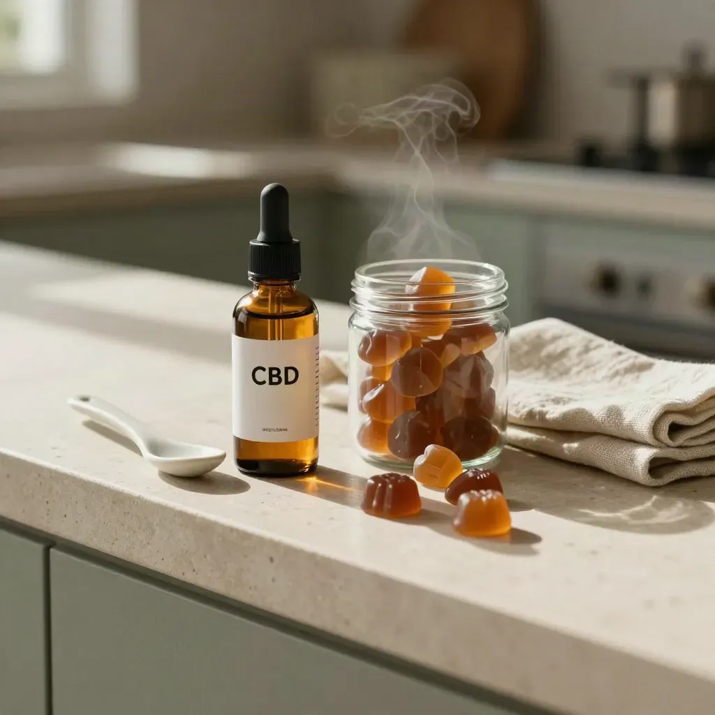 CBD oil bottle and gummies on stone with sage cloth in soft morning light