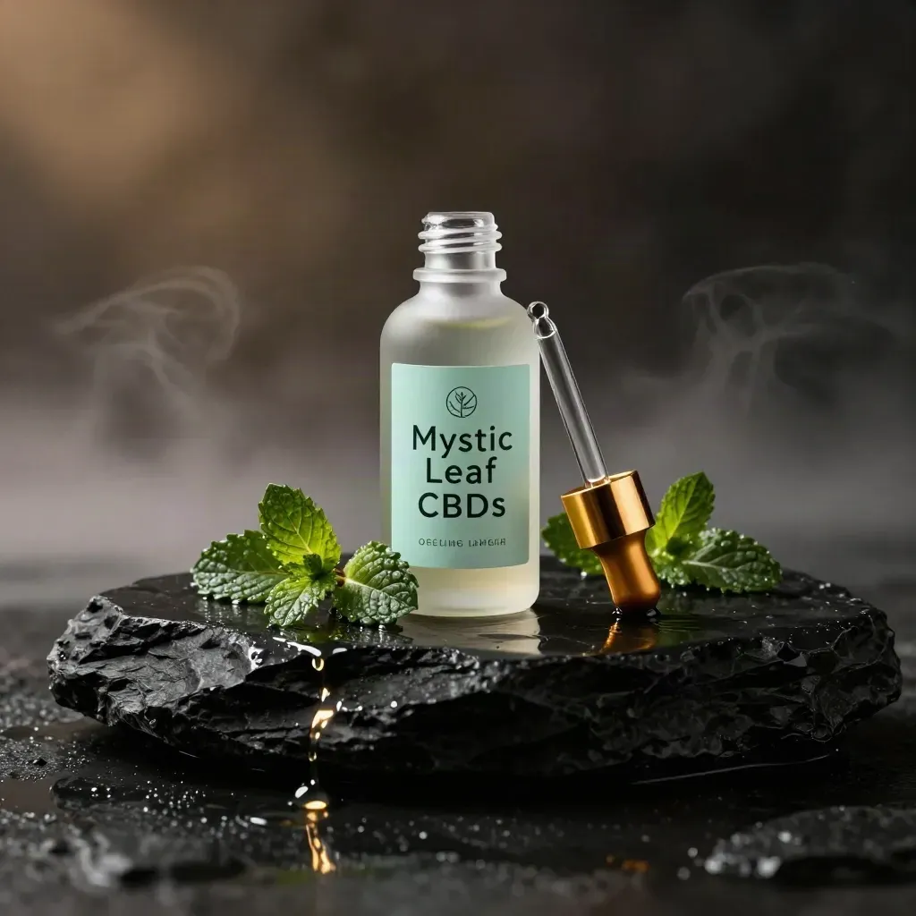 CBD oil bottle, glass dropper and mint leaves on wet black stone with gold rim light
