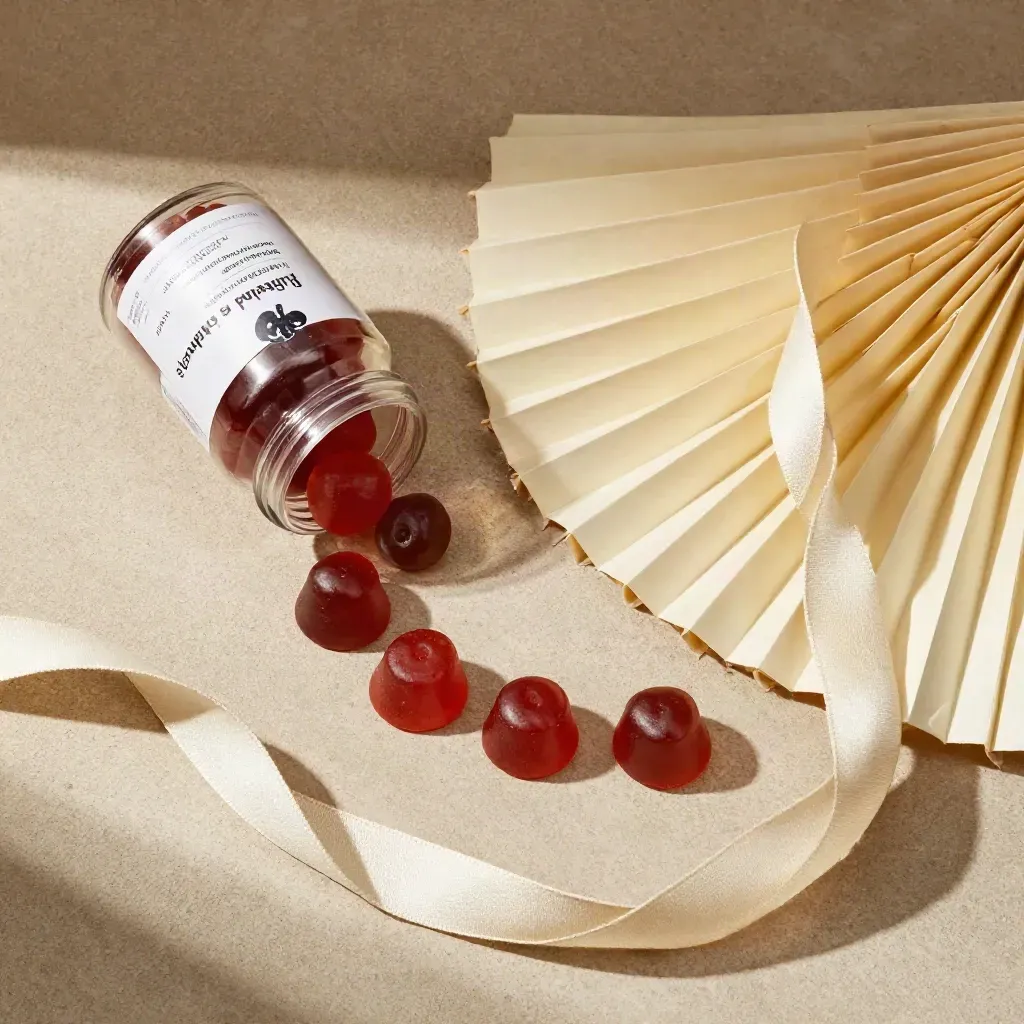 Overhead flat lay of an open sleep gummies jar, six gummies, parchment fan and linen ribbon on beige stone.