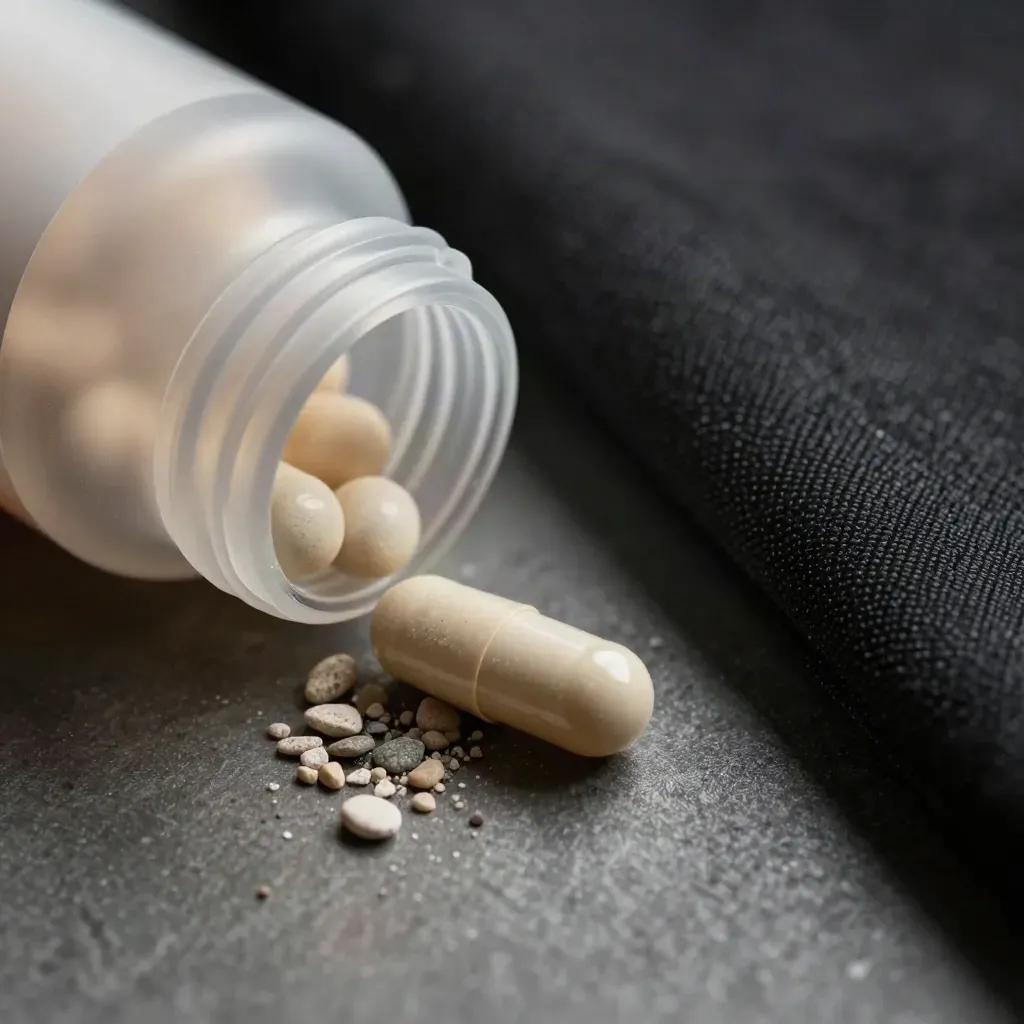 Frosted CBD capsules bottle with one capsule, stone chips and charcoal cloth in raking light.