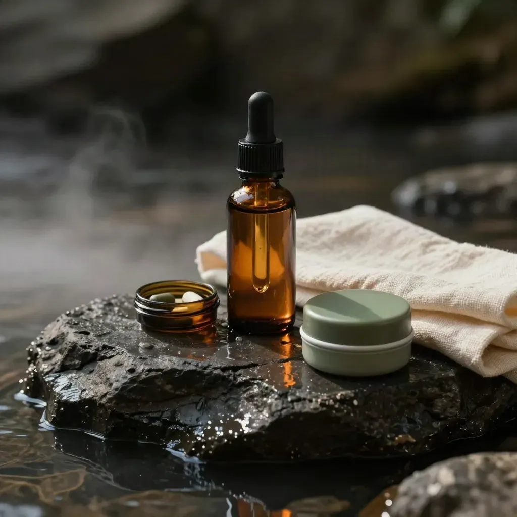 Amber CBD oil bottle with balm tin, capsule dish, linen cloth and stone in misty dawn light.