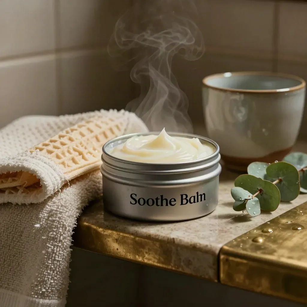 Open CBD balm tin with towel, cup and eucalyptus on a steamy bathroom shelf