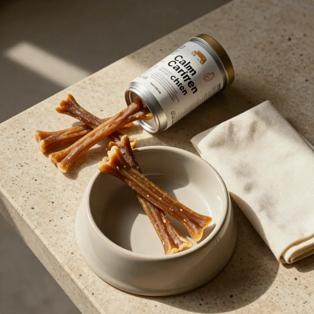 Overhead pet wellness flat lay with chews, bowl, tub and cream napkin on warm travertine.