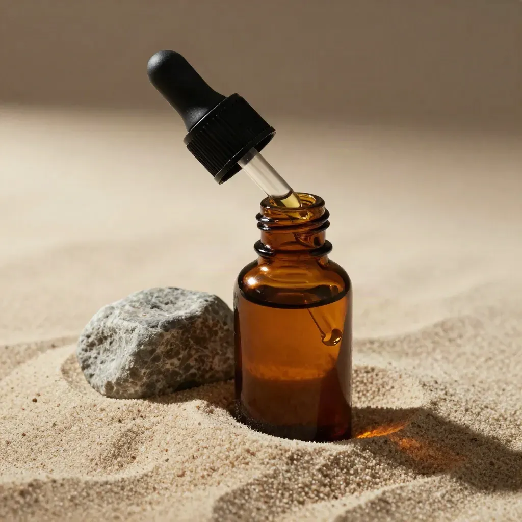 Unlabelled CBD oil bottle in sand with pipette drop and small stone.