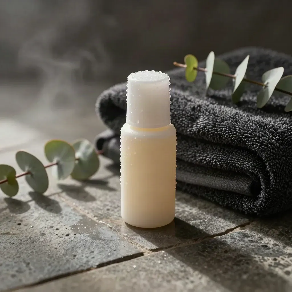 Roll-on on stone tile with charcoal towel, eucalyptus and cool vapor.