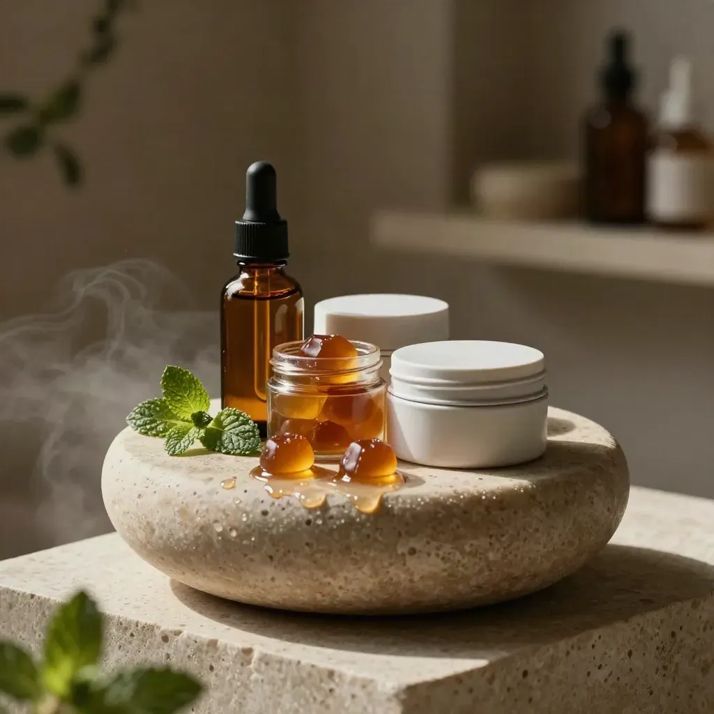 CBD oil, gummies and a topical tin in a stone basin with mint and amber reflections.
