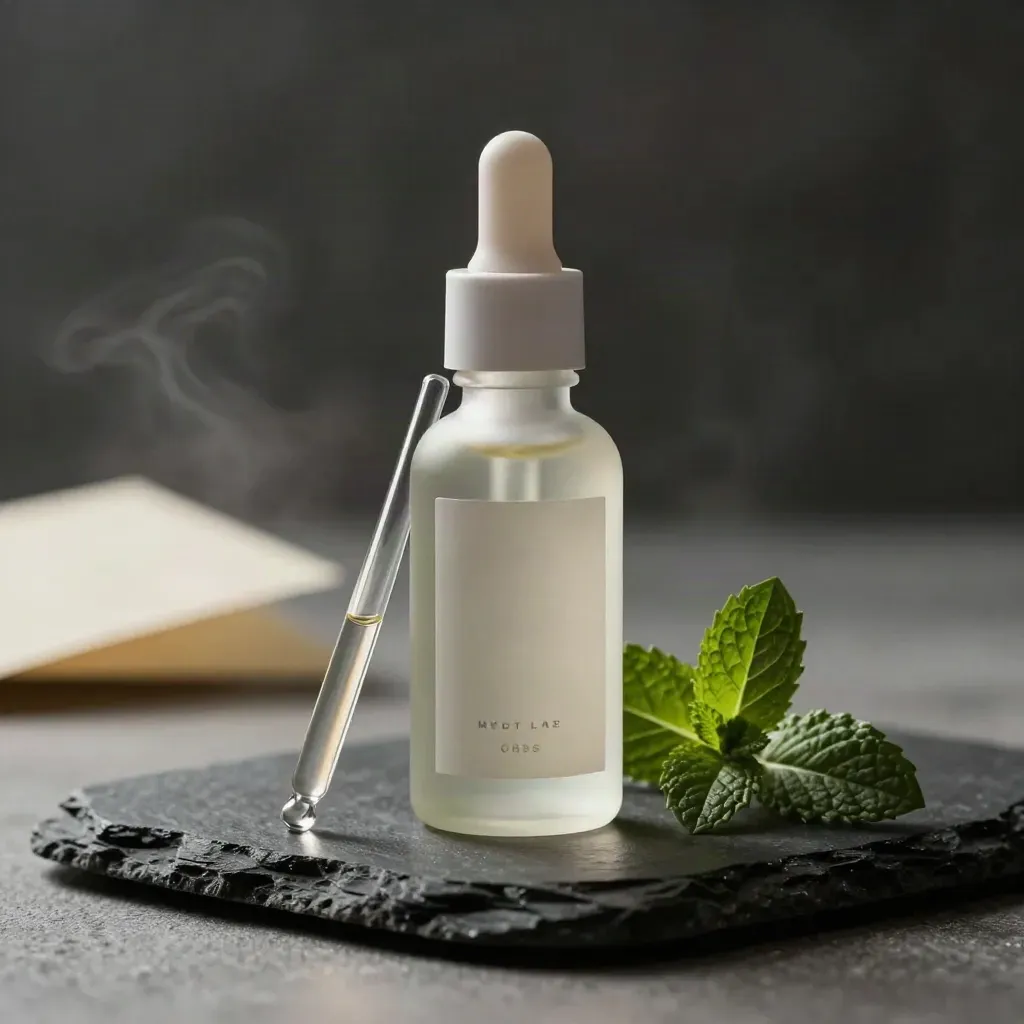 Mint oil bottle with dropper, mint leaf, slate plinth, and soft mist in a studio hero shot.