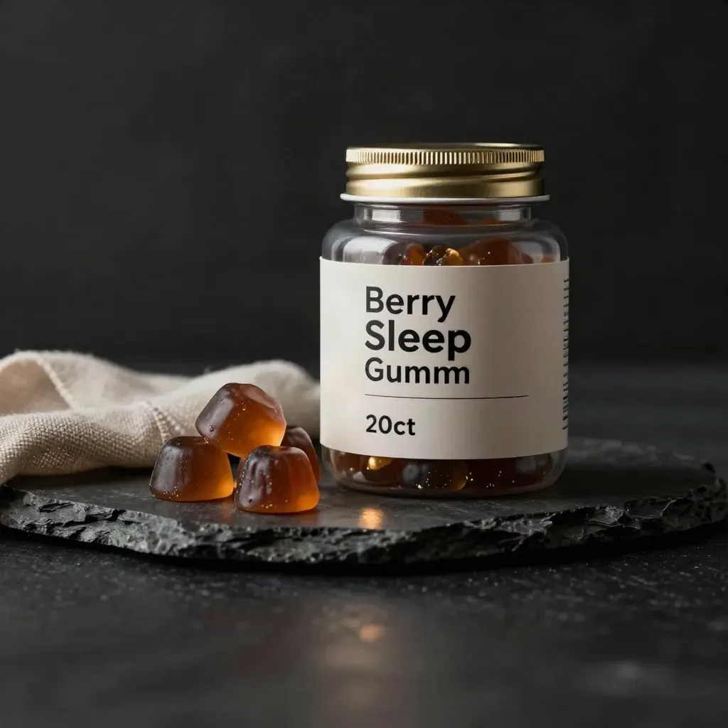 Open berry sleep gummies jar with three gummies and linen ribbon on a dark stone slab.