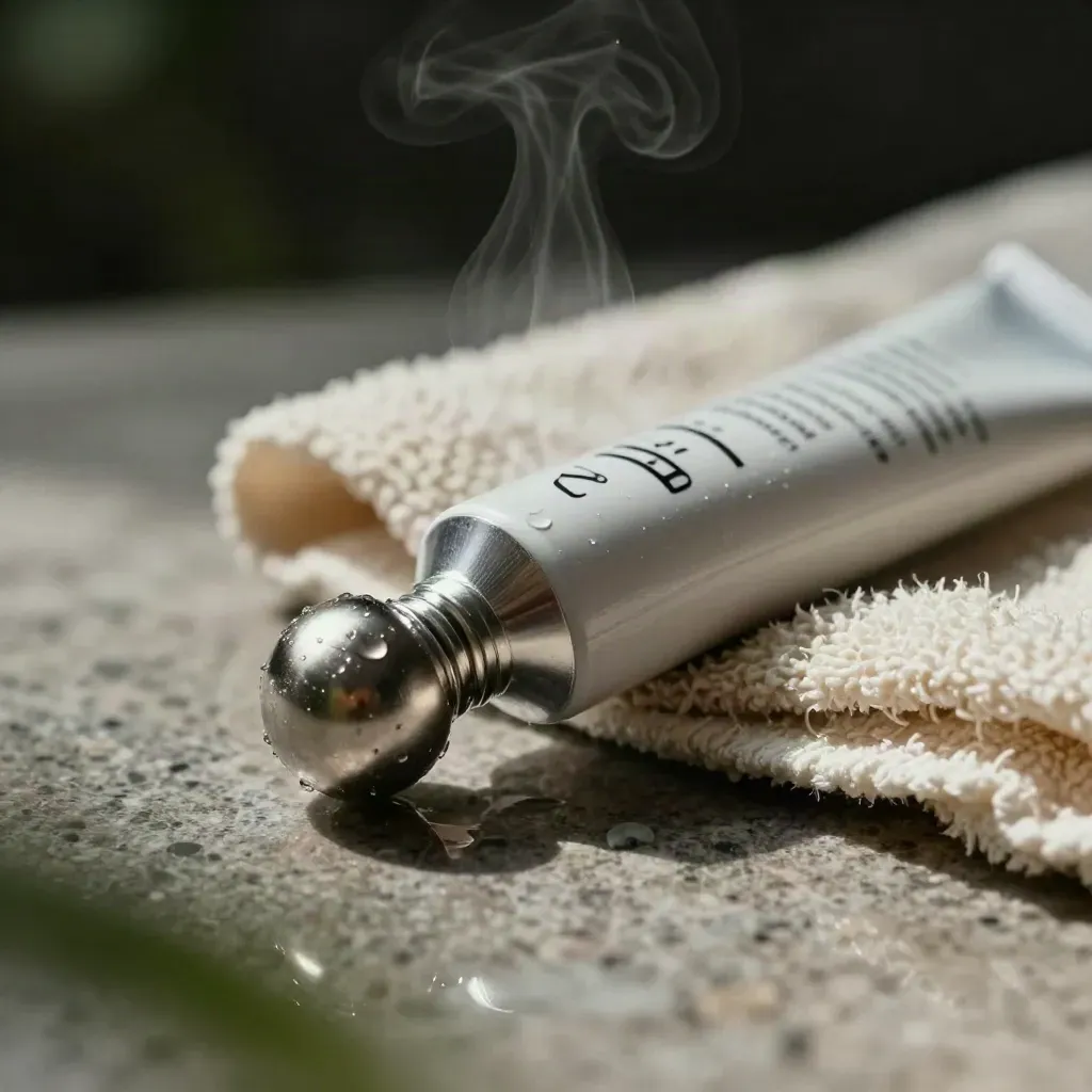 Macro of a cooling roll-on tube with condensation, stone chip, towel fold, and vapor.
