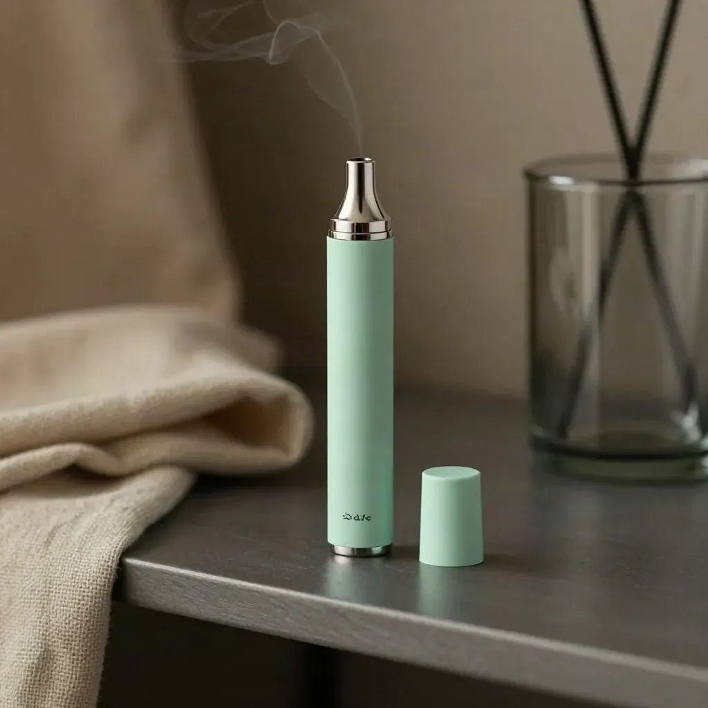 Peppermint vape pen with cap on smoked glass stand, lit by soft rim light