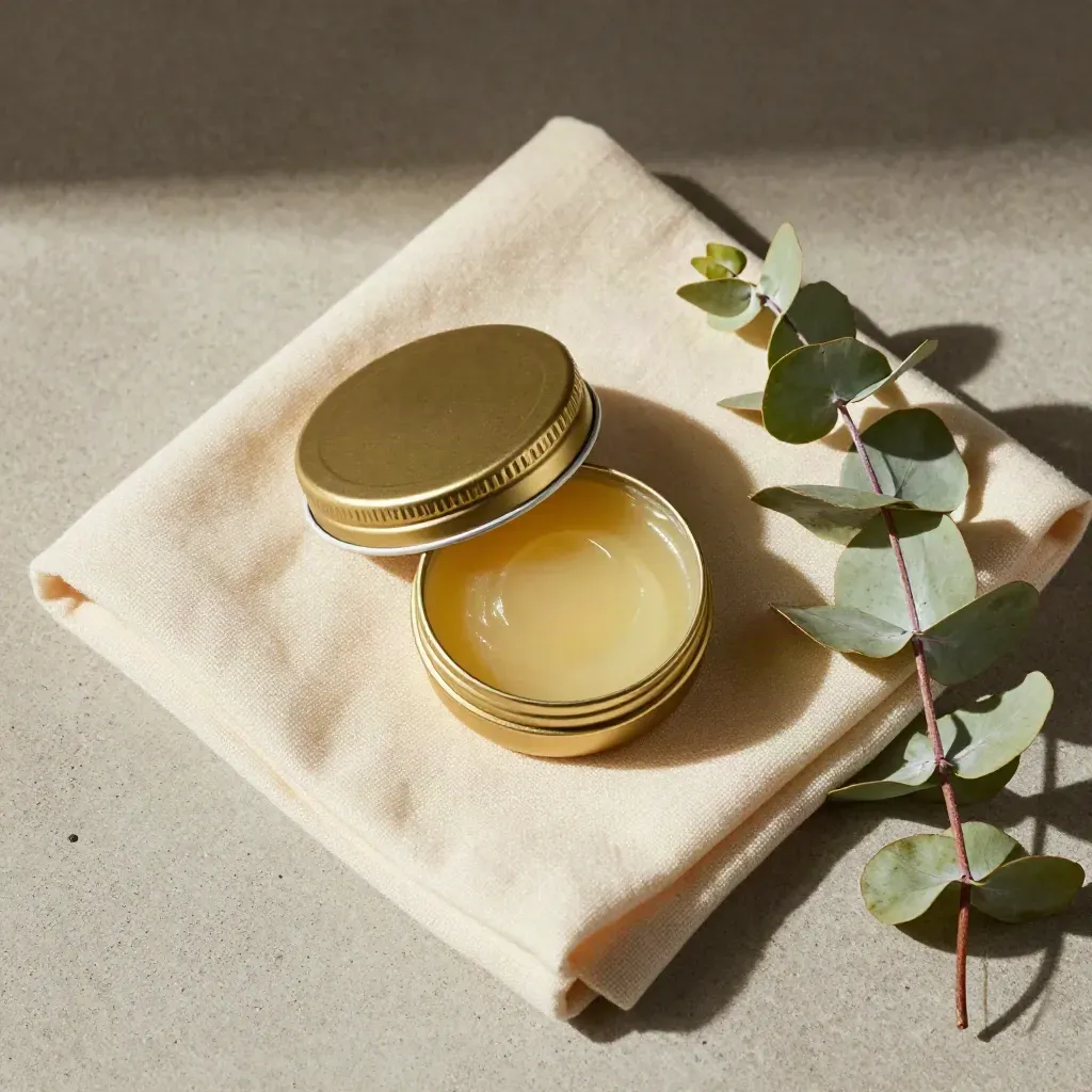 Overhead balm tin, cream cloth and eucalyptus sprig on pale concrete.
