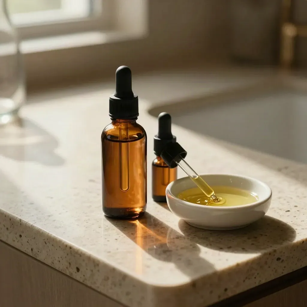 Amber CBD oil bottles on travertine with warm light and soft empty space below