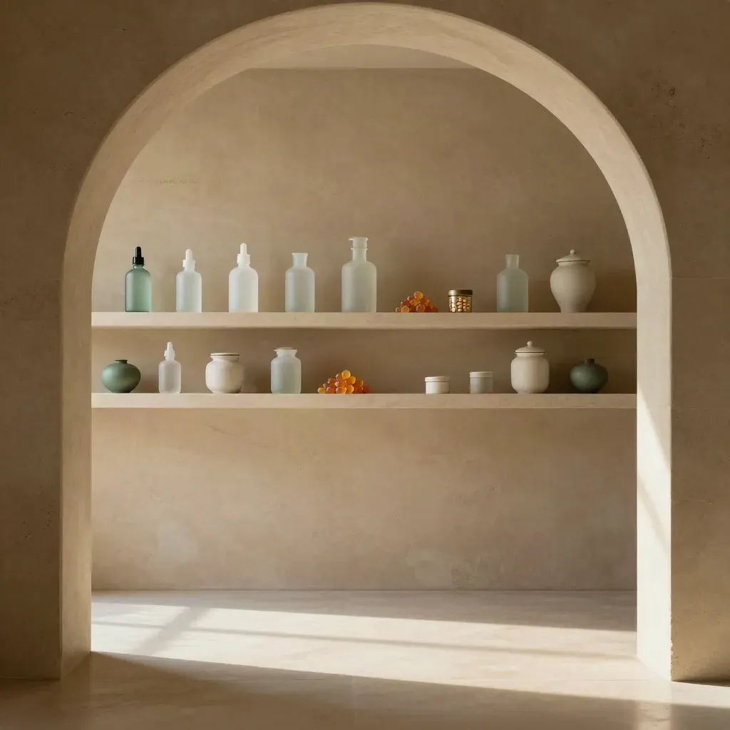 Sunlit stone wellness room with arch, apothecary shelves, and calm pale floor for copy.