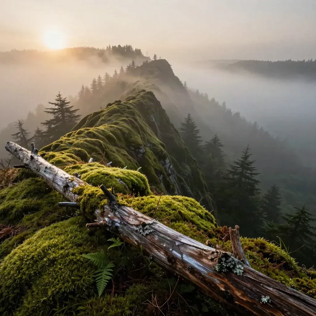 Mossy cedar ridge above a misty valley at sunrise with wet fog and fallen log