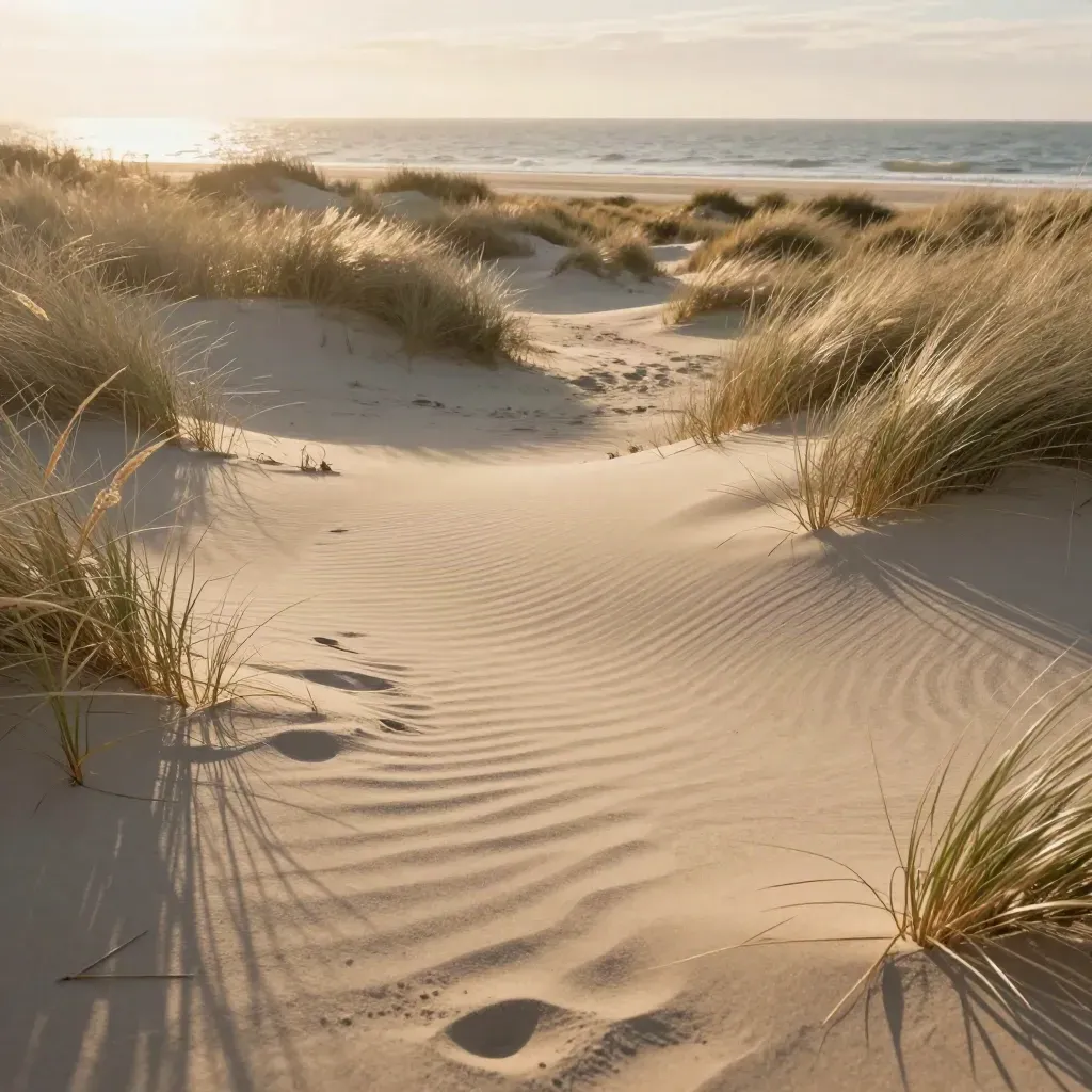Golden dune path with pale grass, soft sea horizon, and wind-bent seed heads at sunset.