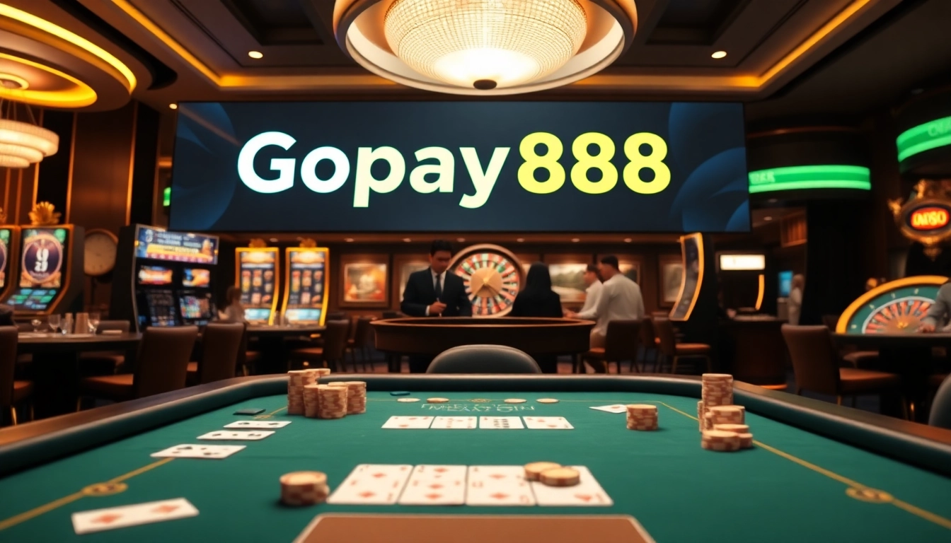 Players engaging with Gopay88 at a glamorous casino table with dynamic slot machines.