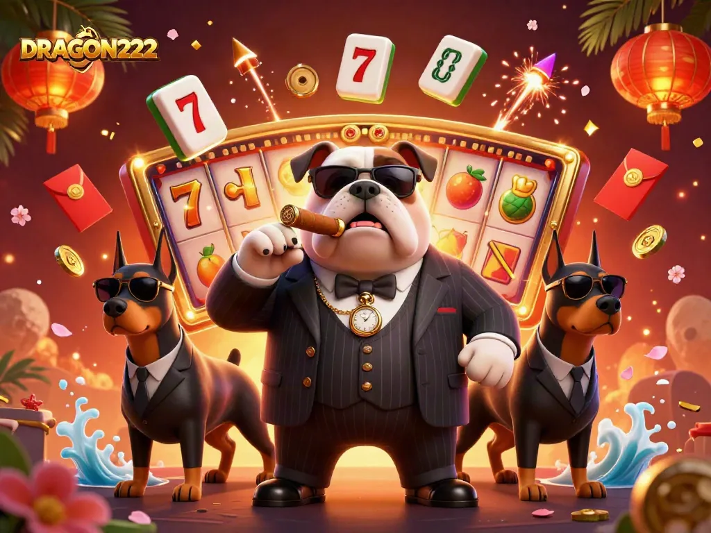 Spin and win with DRAGON222 in a vibrant slot scene featuring a mafia bulldog and bodyguards.