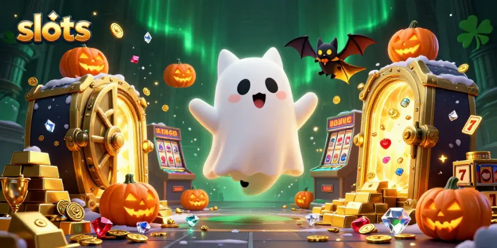 Engaging illustration of slots gameplay featuring a ghost cat, vampire bat, and spooky elements.