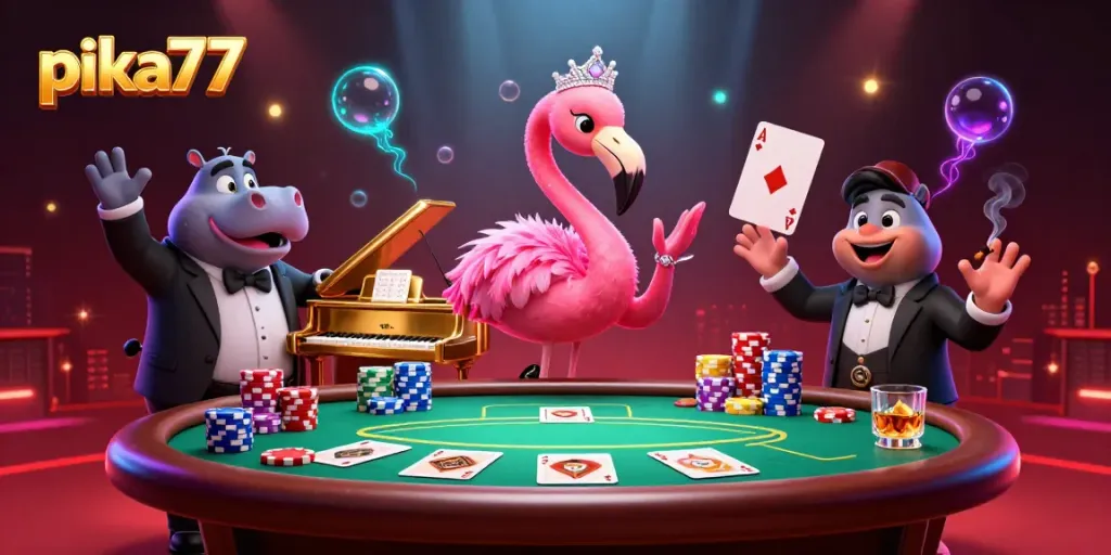 Experience the vibrant energy of pika77 with a flamingo singer and hippo bassist in a dynamic casino scene.