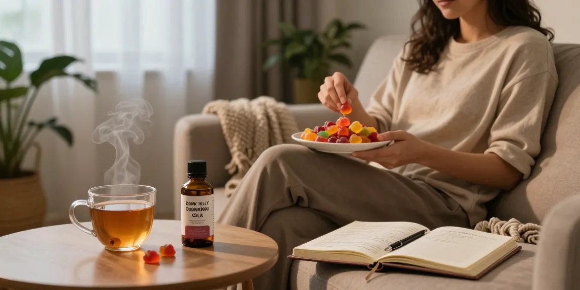 Enjoying THC gummies UK as part of a calming evening routine with CBD oil and herbal tea in a cozy living room.