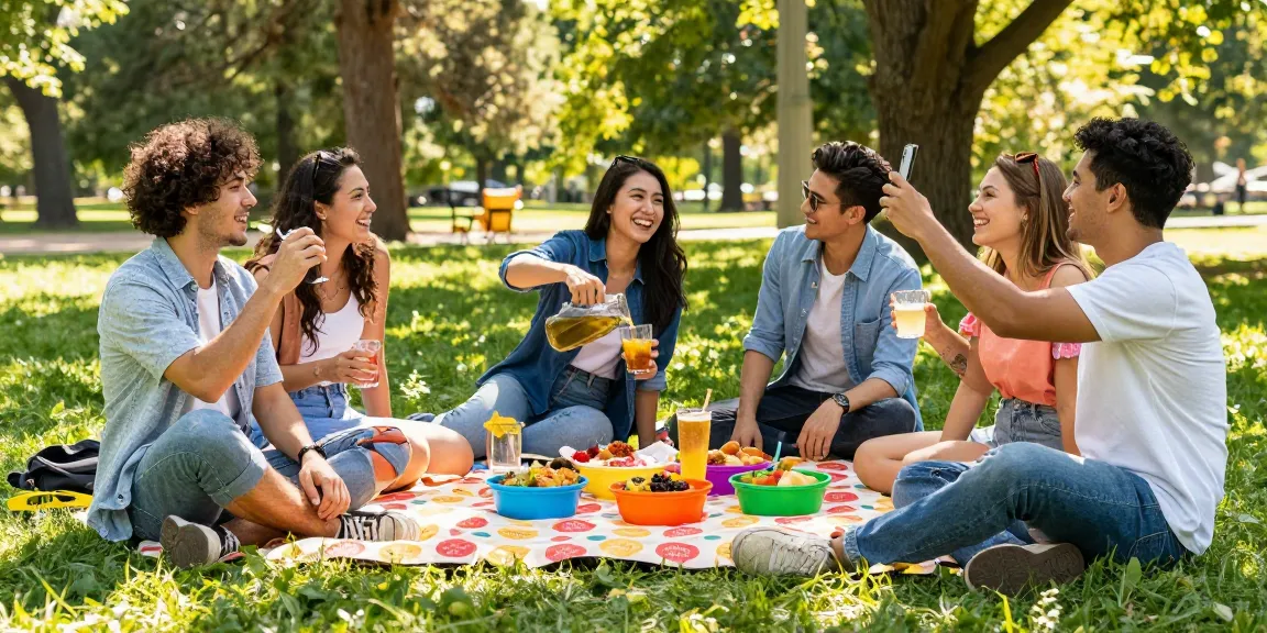 Friends enjoying a picnic on rokok88 branded blanket in a sunny park.