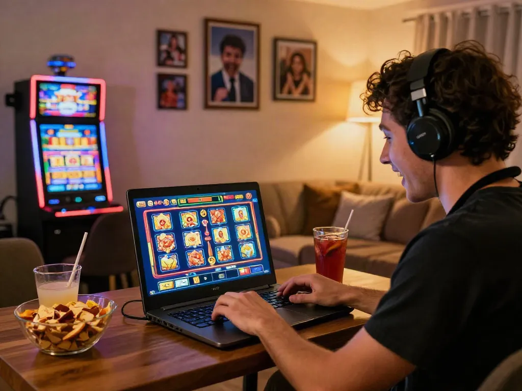 Engaged player enjoying the thrill of slot gacor online in a cozy living room.