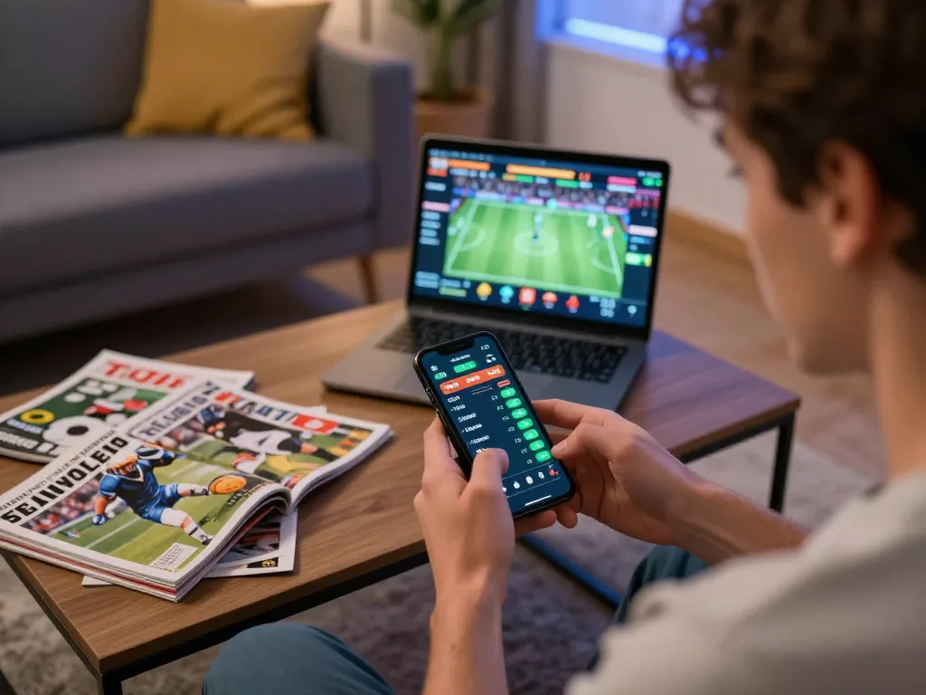 Person engaged in dynamic USBET online sports betting with smartphone in stylish living room