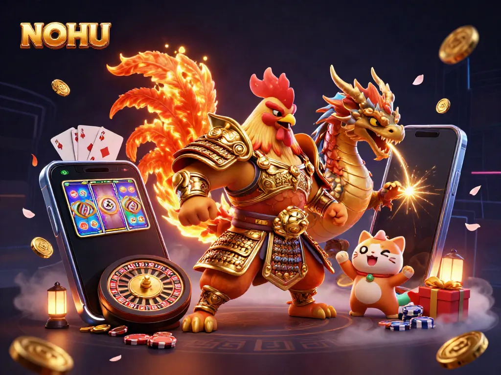 Engage with NOHU's thrilling gaming scene featuring a valiant warrior, a fierce dragon, and exciting casino elements.