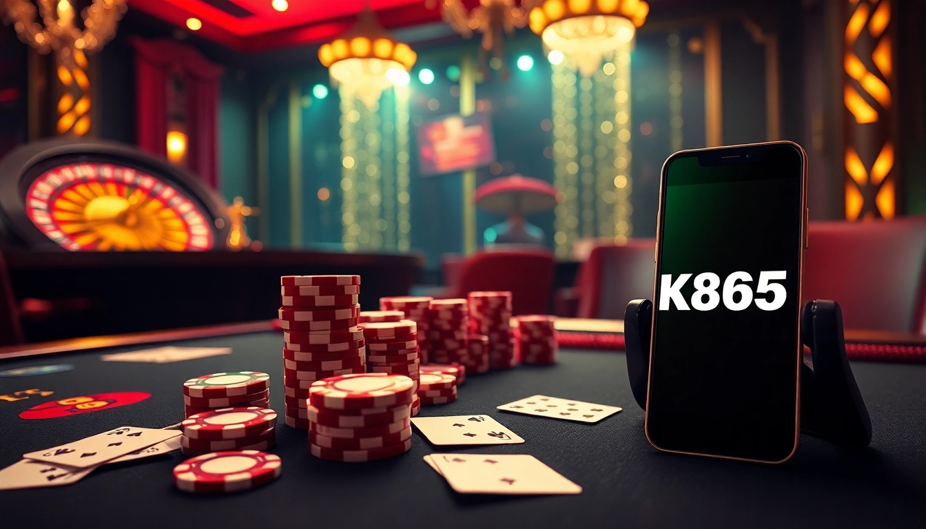 Experience the thrill of high-stakes gaming at OK365 with vibrant casino tables and poker chips.