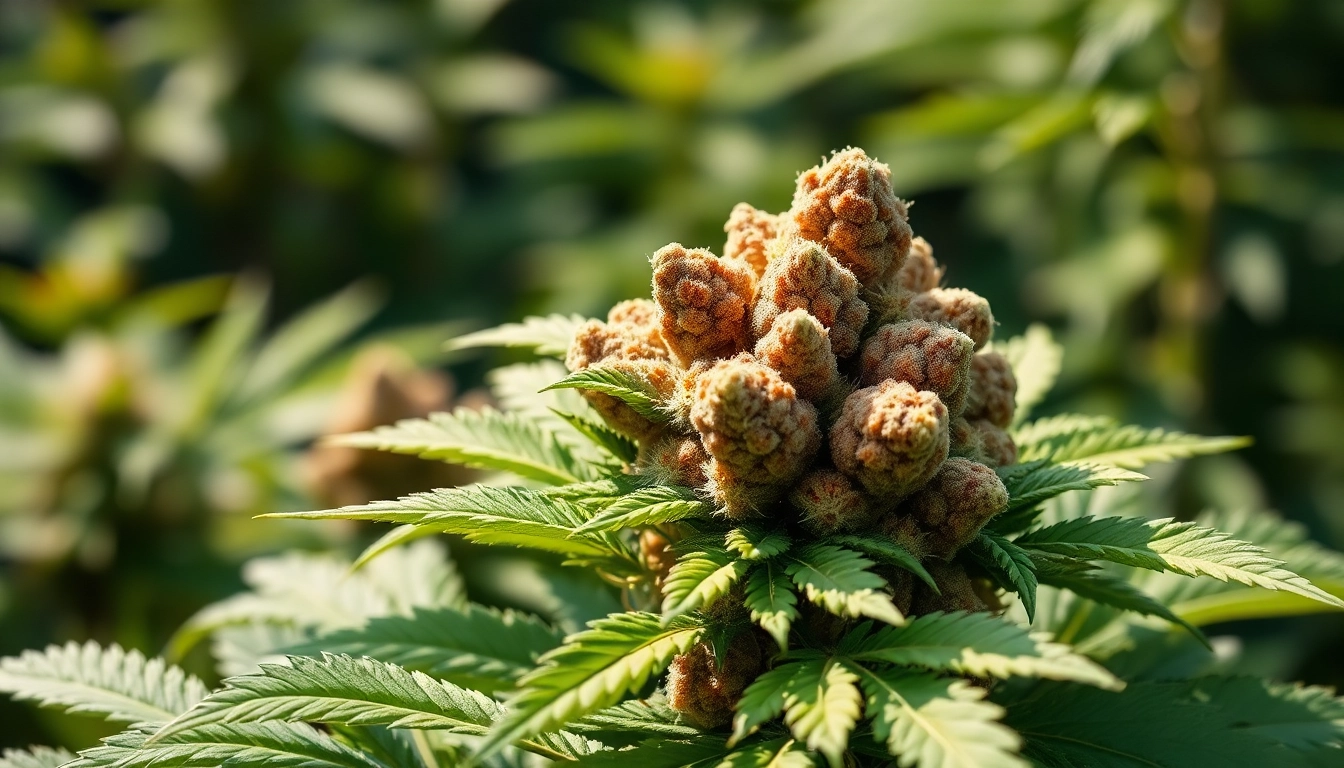 Showcase of GMO cookies strain featuring vibrant buds with crystalline trichomes against a natural background.
