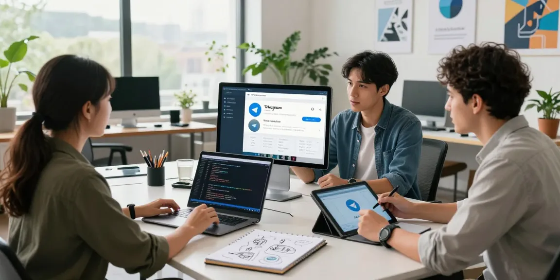 Team collaborating on Telegram Web Version in a modern office setting, showcasing innovative tech.