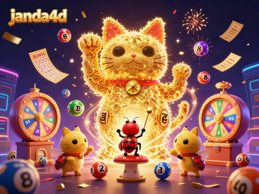 janda4d menghadirkan kucing keberuntungan yang menggerakkan simbol kasino dengan bola lotere berwarna-warni di sekelilingnya.